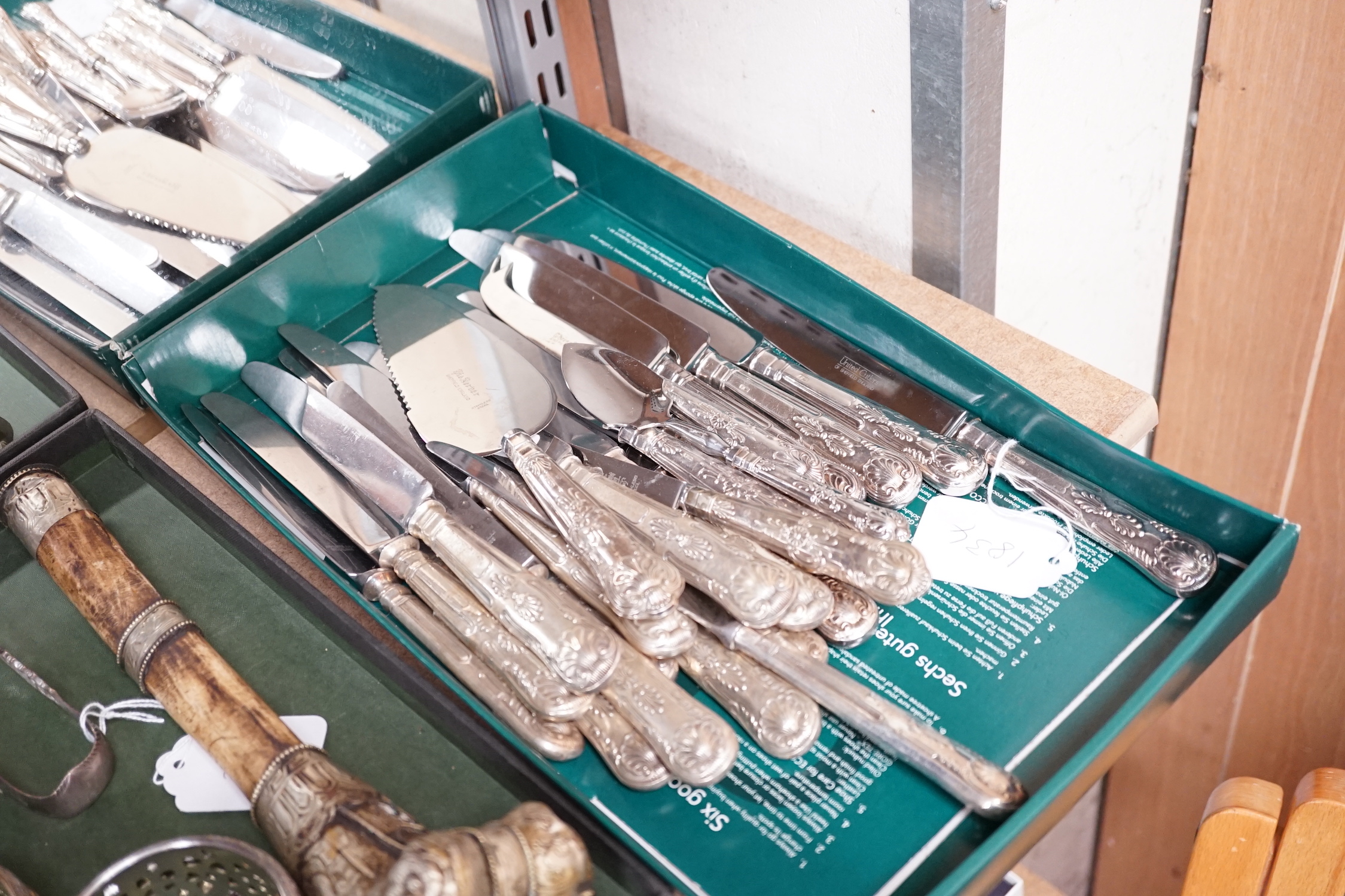 A set of six modern silver handled King's pattern table knives, five other silver handled items of cutlery and eleven silver plated handled King's pattern table knives.